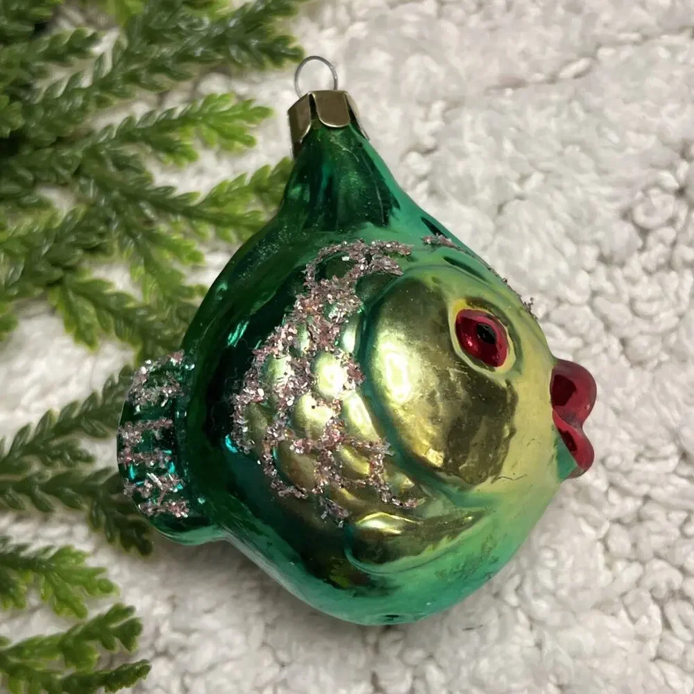 Vintage Hand Blown Glass Fish Christmas Ornaments Set of 2 Green Red Gold READ